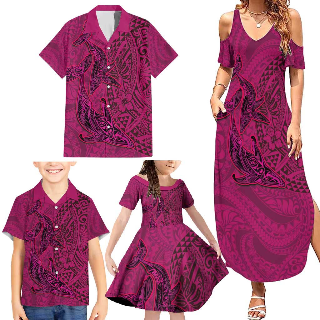 Hawaiian Whales Polynesian Art Motifs Family Matching Summer Maxi Dress and Hawaiian Shirt Pink Color LT03 - Polynesian Pride