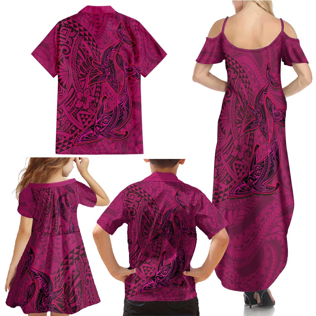 Hawaiian Whales Polynesian Art Motifs Family Matching Summer Maxi Dress and Hawaiian Shirt Pink Color LT03 - Polynesian Pride