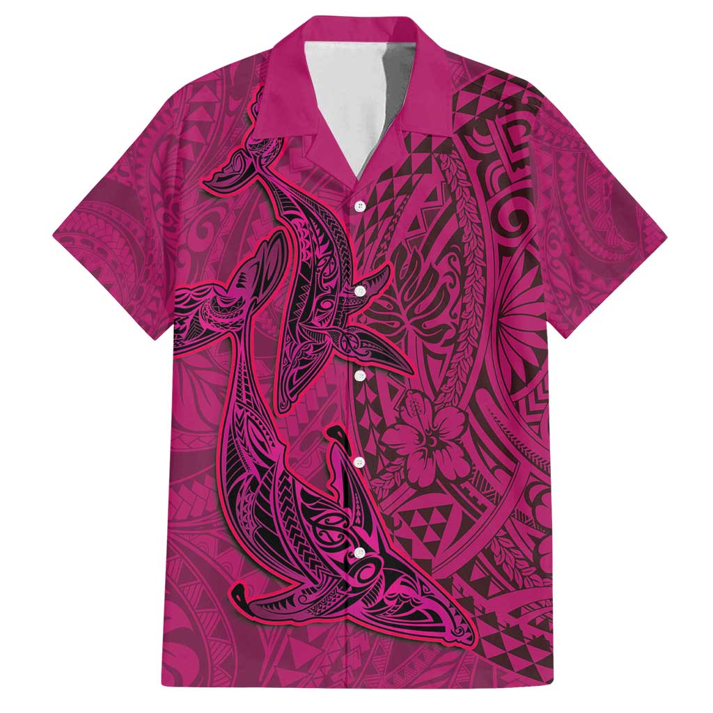 Hawaiian Whales Polynesian Art Motifs Family Matching Summer Maxi Dress and Hawaiian Shirt Pink Color LT03 Dad's Shirt - Short Sleeve Pink - Polynesian Pride