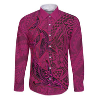 Hawaiian Whales Polynesian Art Motifs Family Matching Summer Maxi Dress and Hawaiian Shirt Pink Color LT03 Dad's Shirt - Long Sleeve Pink - Polynesian Pride