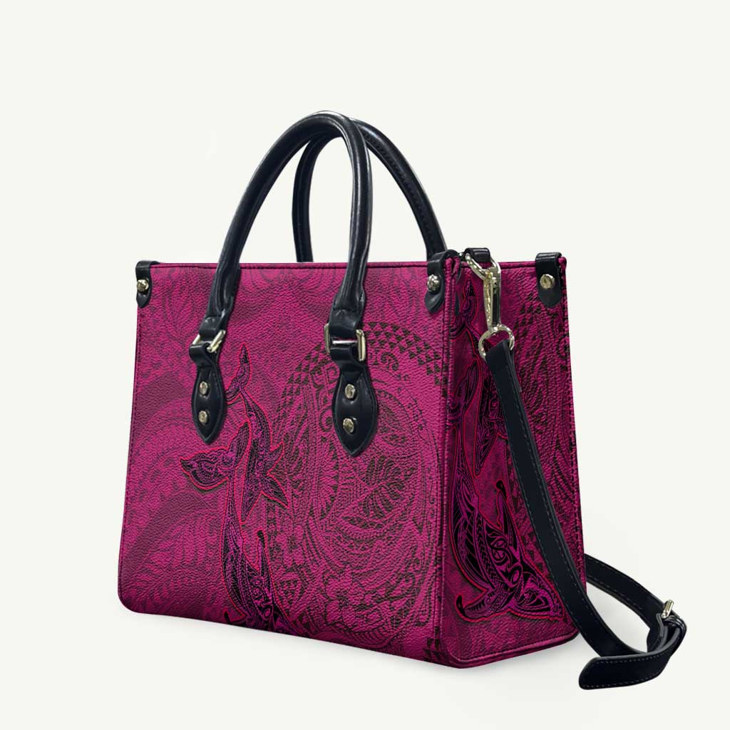 Hawaiian Whales Polynesian Art Motifs Leather Bag Pink Color - Polynesian Pride