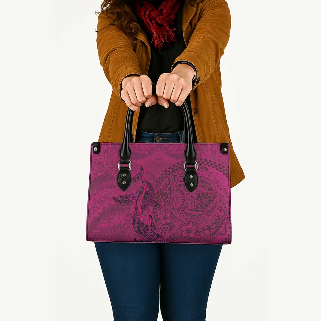 Hawaiian Whales Polynesian Art Motifs Leather Bag Pink Color - Polynesian Pride