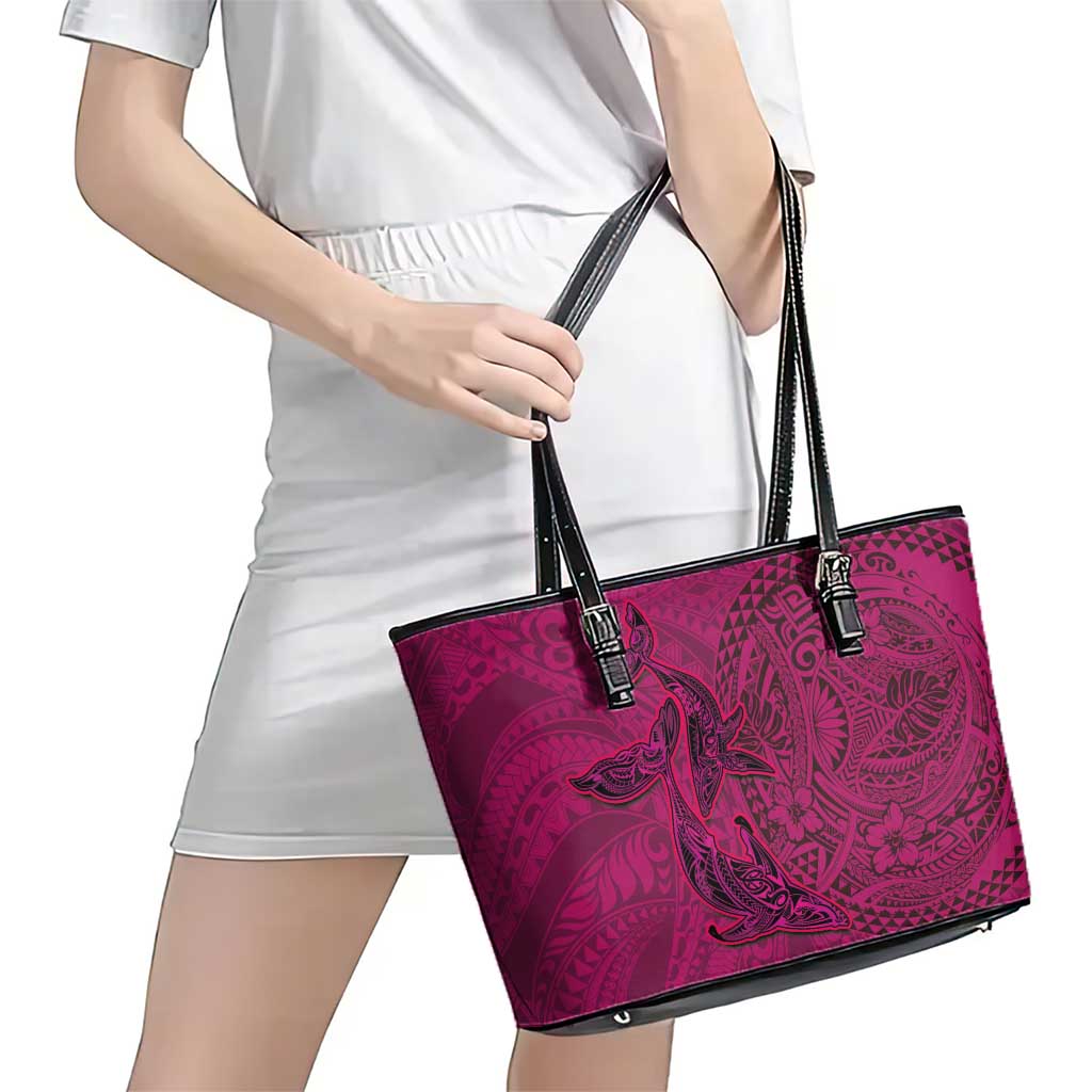 Hawaiian Whales Polynesian Art Motifs Leather Tote Bag Pink Color - Polynesian Pride