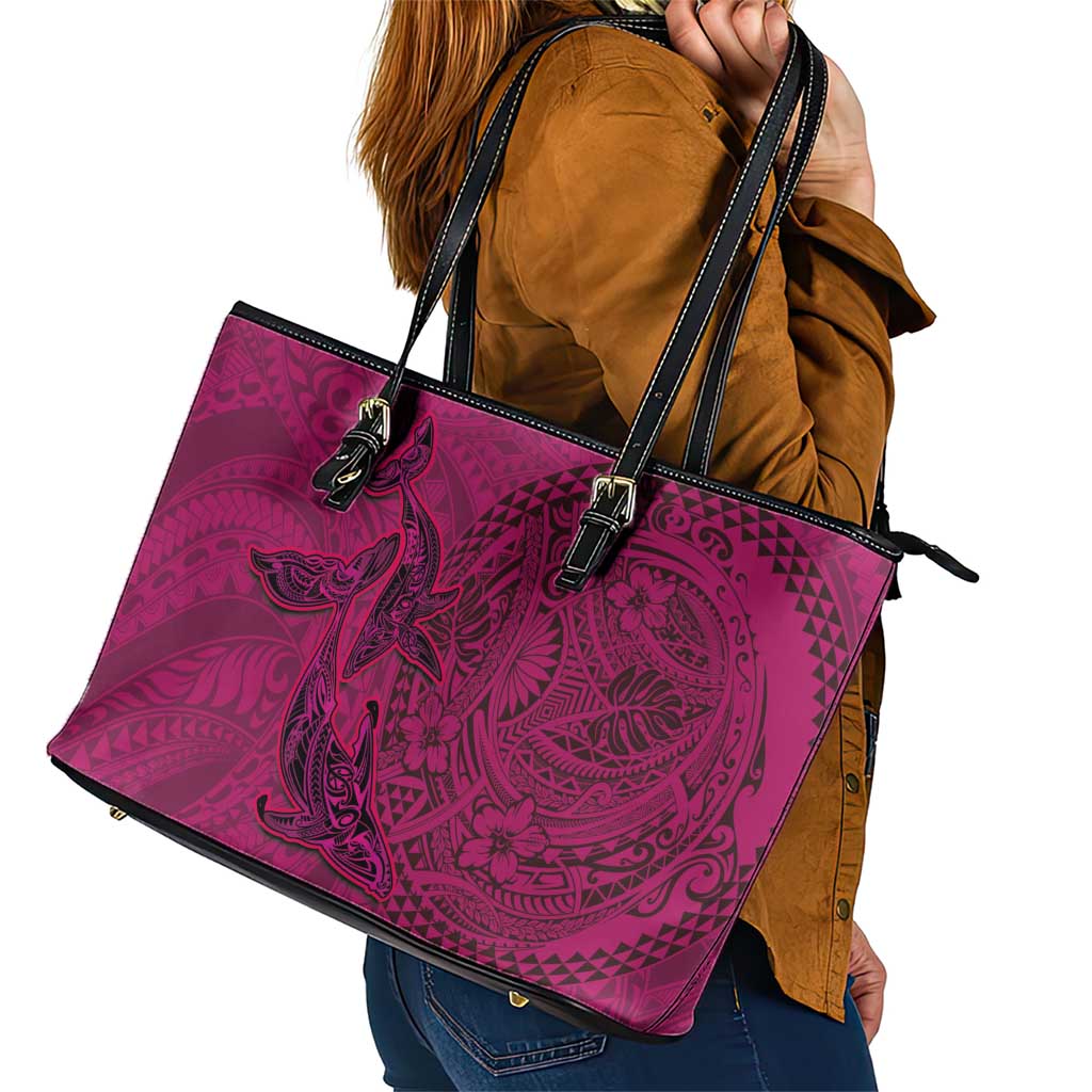 Hawaiian Whales Polynesian Art Motifs Leather Tote Bag Pink Color - Polynesian Pride