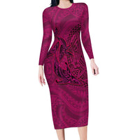 Hawaiian Whales Polynesian Art Motifs Long Sleeve Bodycon Dress Pink Color - Polynesian Pride