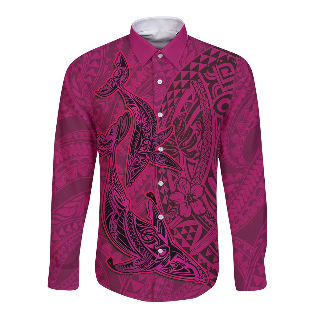 Hawaiian Whales Polynesian Art Motifs Long Sleeve Button Shirt Pink Color - Polynesian Pride