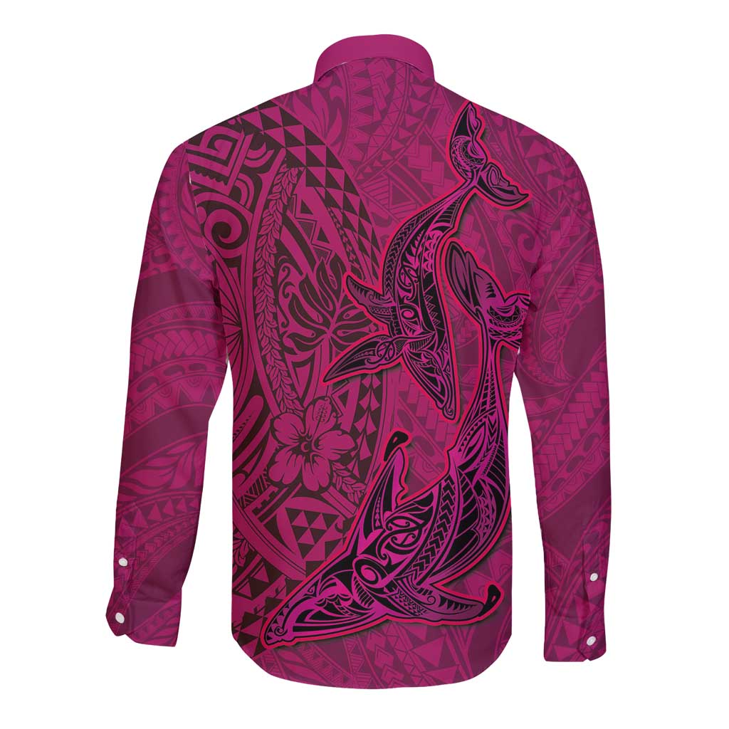 Hawaiian Whales Polynesian Art Motifs Long Sleeve Button Shirt Pink Color - Polynesian Pride
