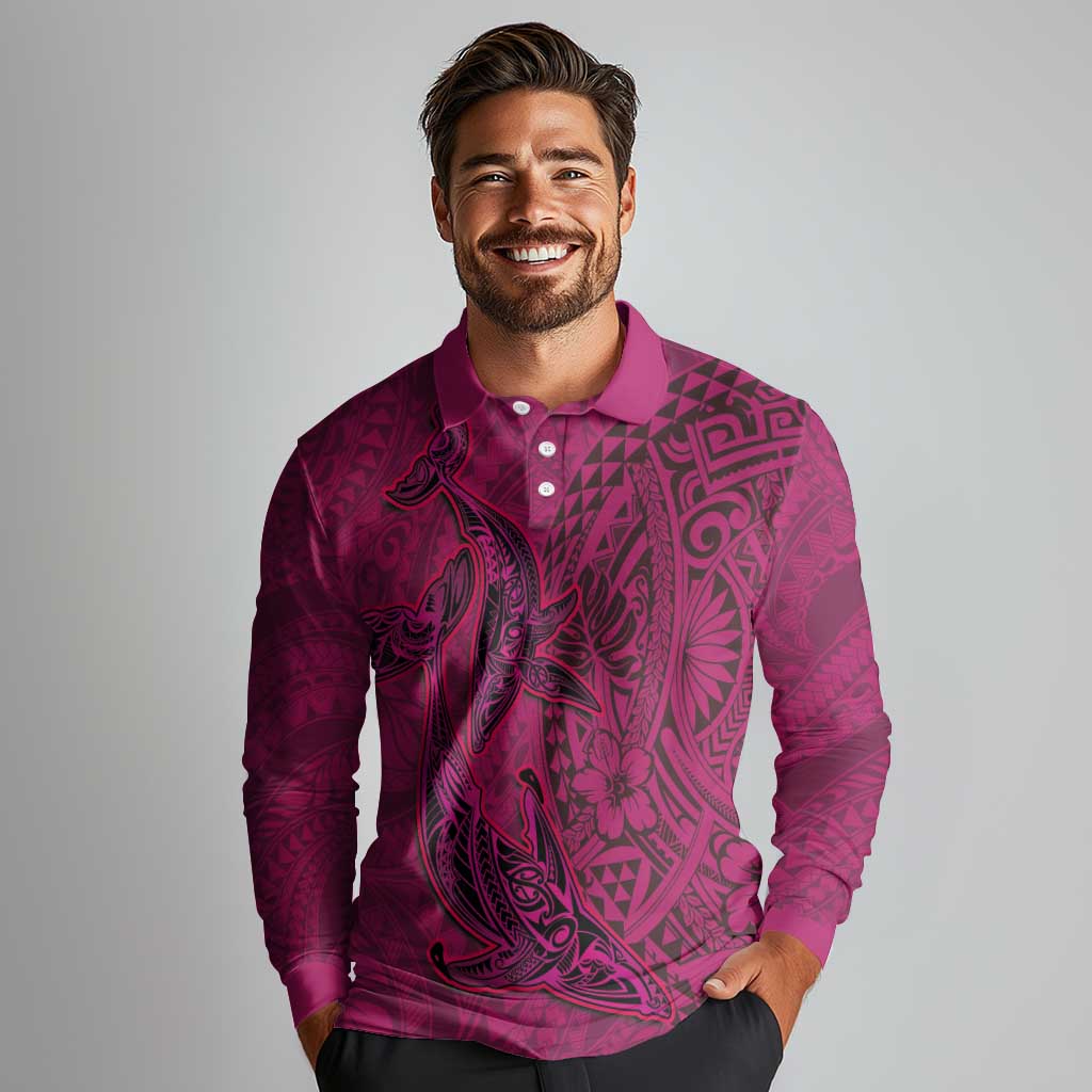 Hawaiian Whales Polynesian Art Motifs Long Sleeve Polo Shirt Pink Color - Polynesian Pride