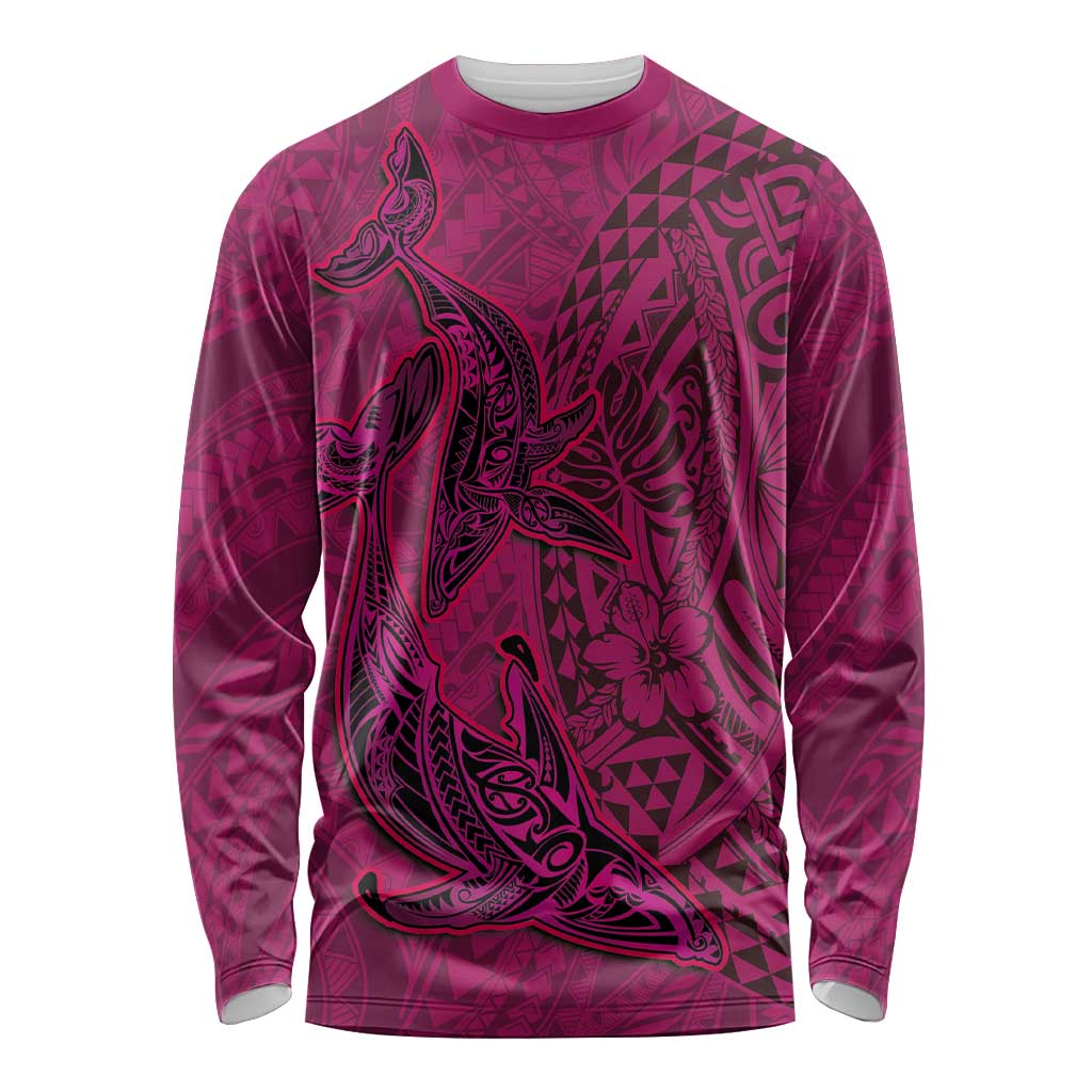 Hawaiian Whales Polynesian Art Motifs Long Sleeve Shirt Pink Color - Polynesian Pride