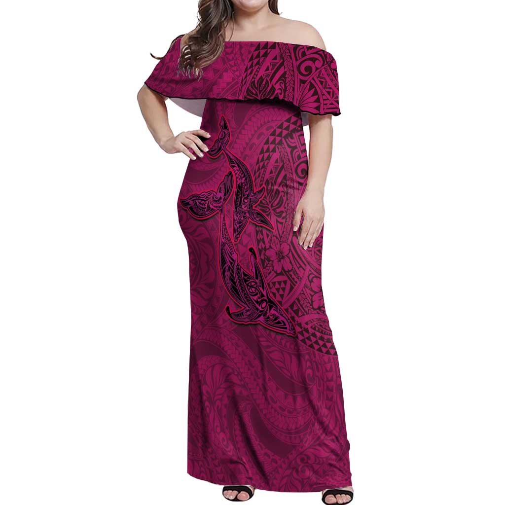 Hawaiian Whales Polynesian Art Motifs Off Shoulder Maxi Dress Pink Color - Polynesian Pride