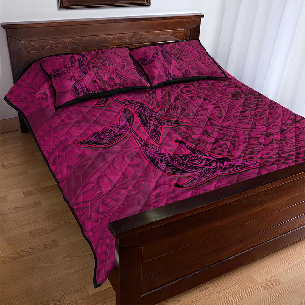 Hawaiian Whales Polynesian Art Motifs Quilt Bed Set Pink Color - Polynesian Pride