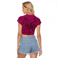 Hawaiian Whales Polynesian Art Motifs Raglan Cropped T Shirt Pink Color - Polynesian Pride