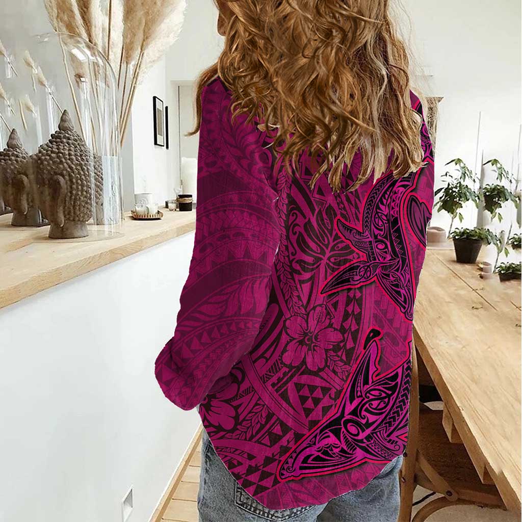 Hawaiian Whales Polynesian Art Motifs Women Casual Shirt Pink Color - Polynesian Pride