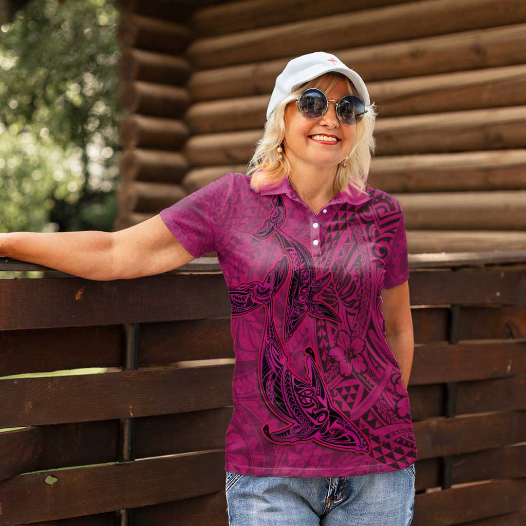 Hawaiian Whales Polynesian Art Motifs Women Polo Shirt Pink Color - Polynesian Pride