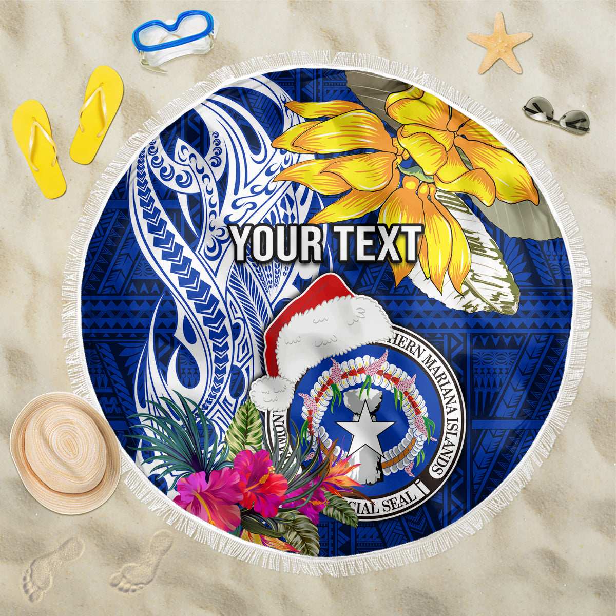 Custom Northern Mariana Islands Christmas Beach Blanket Funny Santa Hug Latte Stone Ylang-ylang and Polynesia Pattern Blue LT03 One Size 150cm Blue - Polynesian Pride