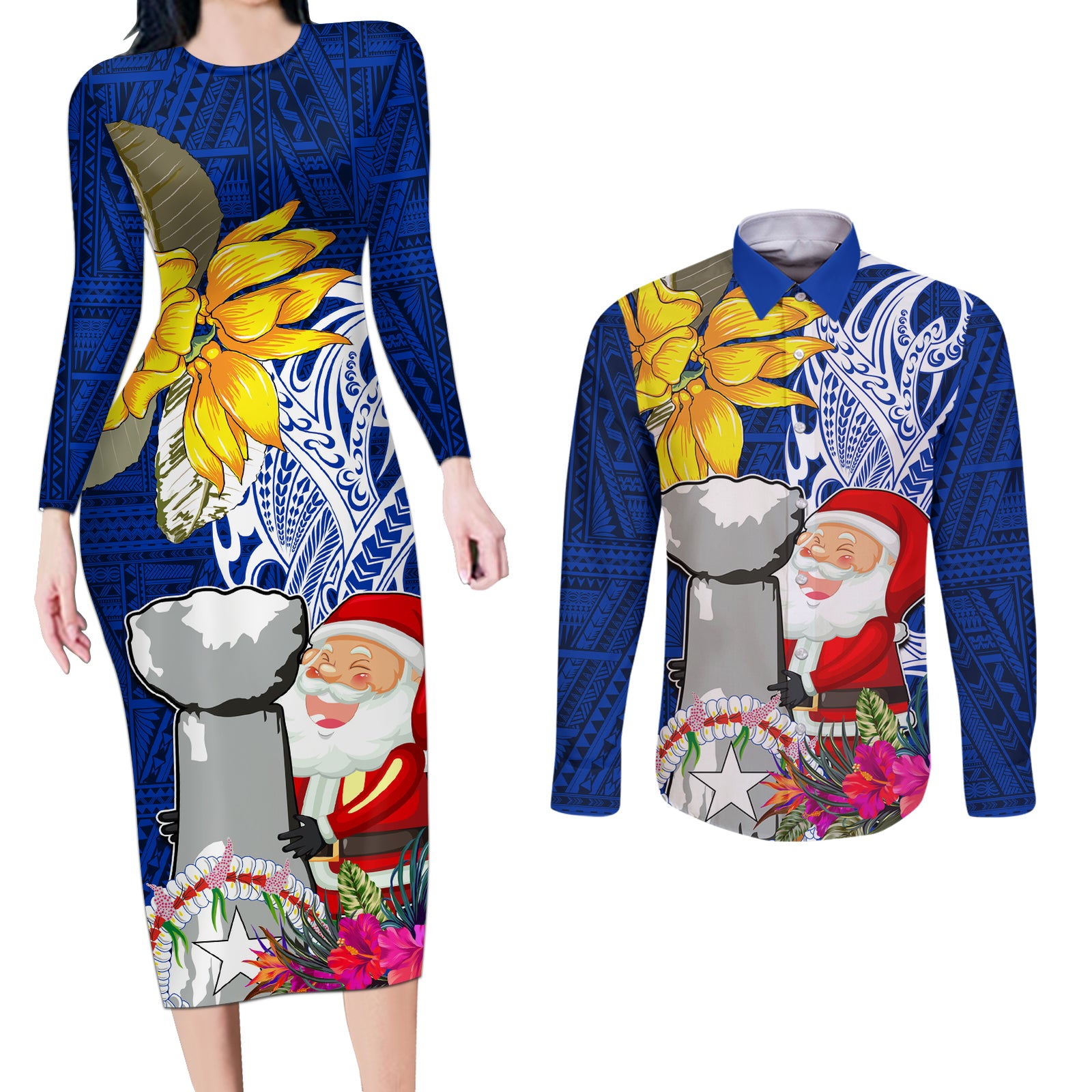 Custom Northern Mariana Islands Christmas Couples Matching Long Sleeve Bodycon Dress and Long Sleeve Button Shirt Funny Santa Hug Latte Stone Ylang-ylang and Polynesia Pattern Blue LT03 Blue - Polynesian Pride