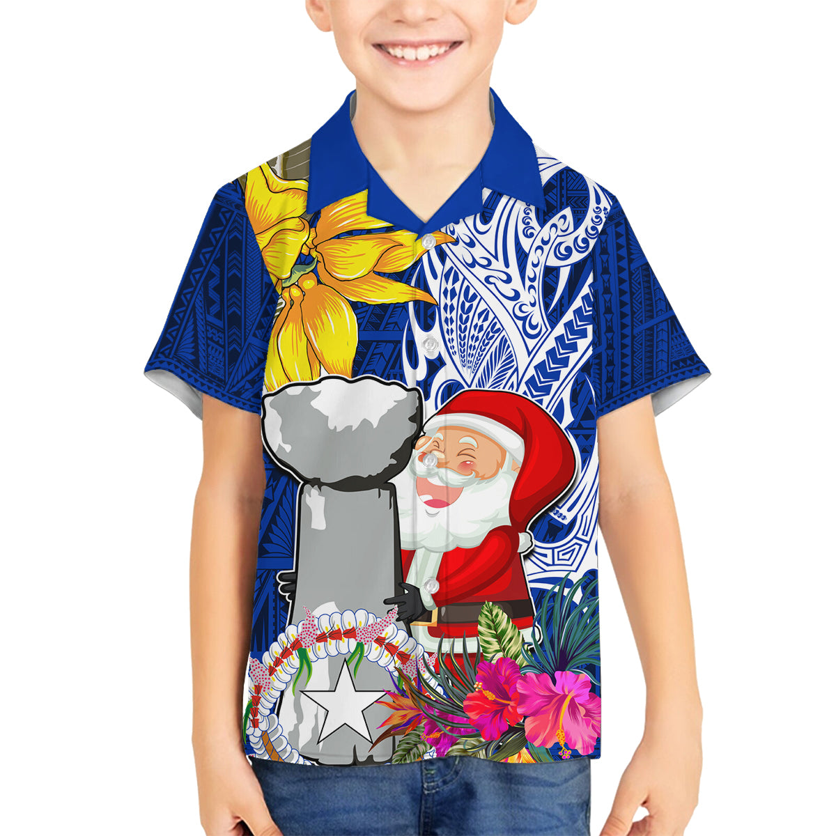 Custom Northern Mariana Islands Christmas Family Matching Long Sleeve Bodycon Dress and Hawaiian Shirt Funny Santa Hug Latte Stone Ylang-ylang and Polynesia Pattern Blue LT03 Son's Shirt Blue - Polynesian Pride