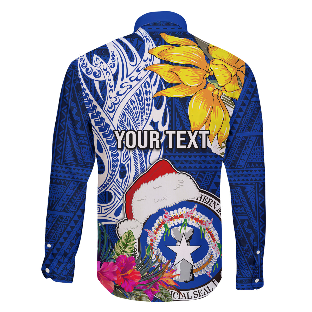 Custom Northern Mariana Islands Christmas Family Matching Off Shoulder Long Sleeve Dress and Hawaiian Shirt Funny Santa Hug Latte Stone Ylang-ylang and Polynesia Pattern Blue LT03 - Polynesian Pride