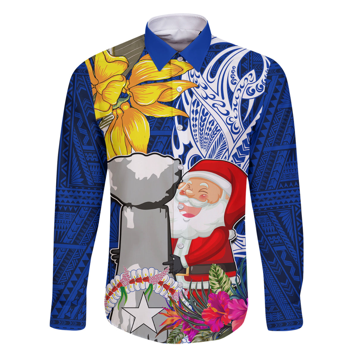 Custom Northern Mariana Islands Christmas Family Matching Off Shoulder Maxi Dress and Hawaiian Shirt Funny Santa Hug Latte Stone Ylang-ylang and Polynesia Pattern Blue LT03 Dad's Shirt - Long Sleeve Blue - Polynesian Pride