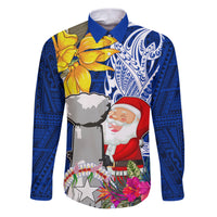 Custom Northern Mariana Islands Christmas Family Matching Puletasi Dress and Hawaiian Shirt Funny Santa Hug Latte Stone Ylang-ylang and Polynesia Pattern Blue LT03 Dad's Shirt - Long Sleeve Blue - Polynesian Pride