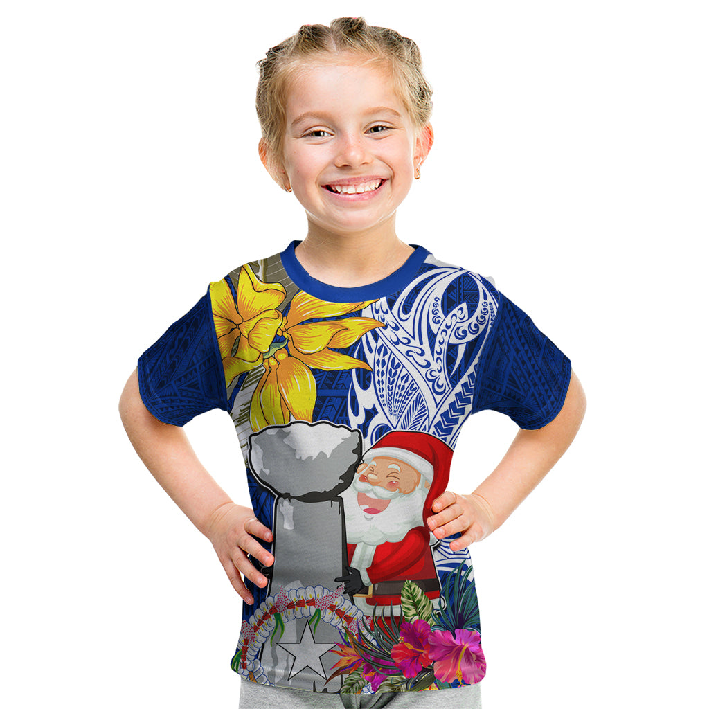 Custom Northern Mariana Islands Christmas Kid T Shirt Funny Santa Hug Latte Stone Ylang-ylang and Polynesia Pattern Blue LT03 Blue - Polynesian Pride