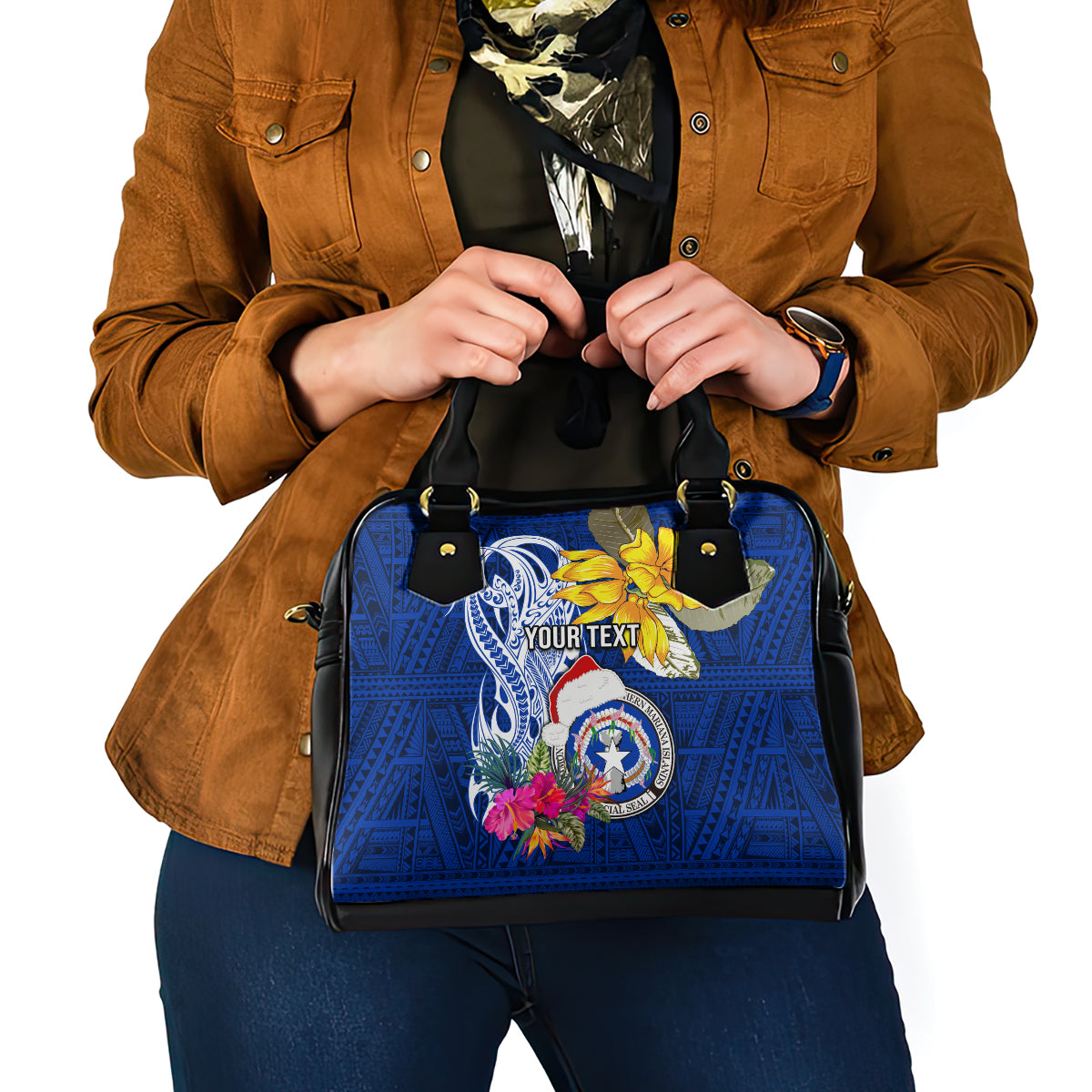 Custom Northern Mariana Islands Christmas Shoulder Handbag Funny Santa Hug Latte Stone Ylang-ylang and Polynesia Pattern Blue LT03 - Polynesian Pride