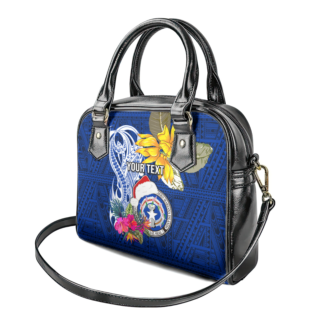 Custom Northern Mariana Islands Christmas Shoulder Handbag Funny Santa Hug Latte Stone Ylang-ylang and Polynesia Pattern Blue LT03 - Polynesian Pride