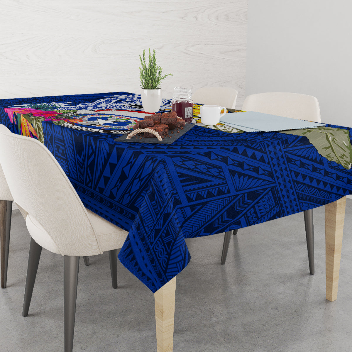 Custom Northern Mariana Islands Christmas Tablecloth Funny Santa Hug Latte Stone Ylang-ylang and Polynesia Pattern Blue LT03 - Polynesian Pride