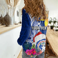 Custom Northern Mariana Islands Christmas Women Casual Shirt Funny Santa Hug Latte Stone Ylang-ylang and Polynesia Pattern Blue LT03 - Polynesian Pride