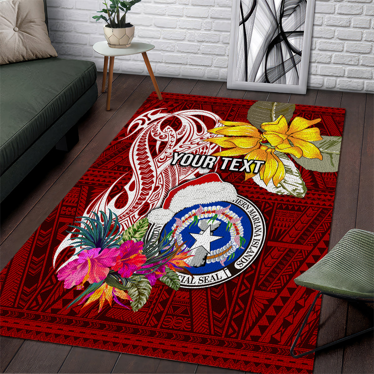 Custom Northern Mariana Islands Christmas Area Rug Funny Santa Hug Latte Stone Ylang-ylang and Polynesia Pattern Red LT03 Red - Polynesian Pride