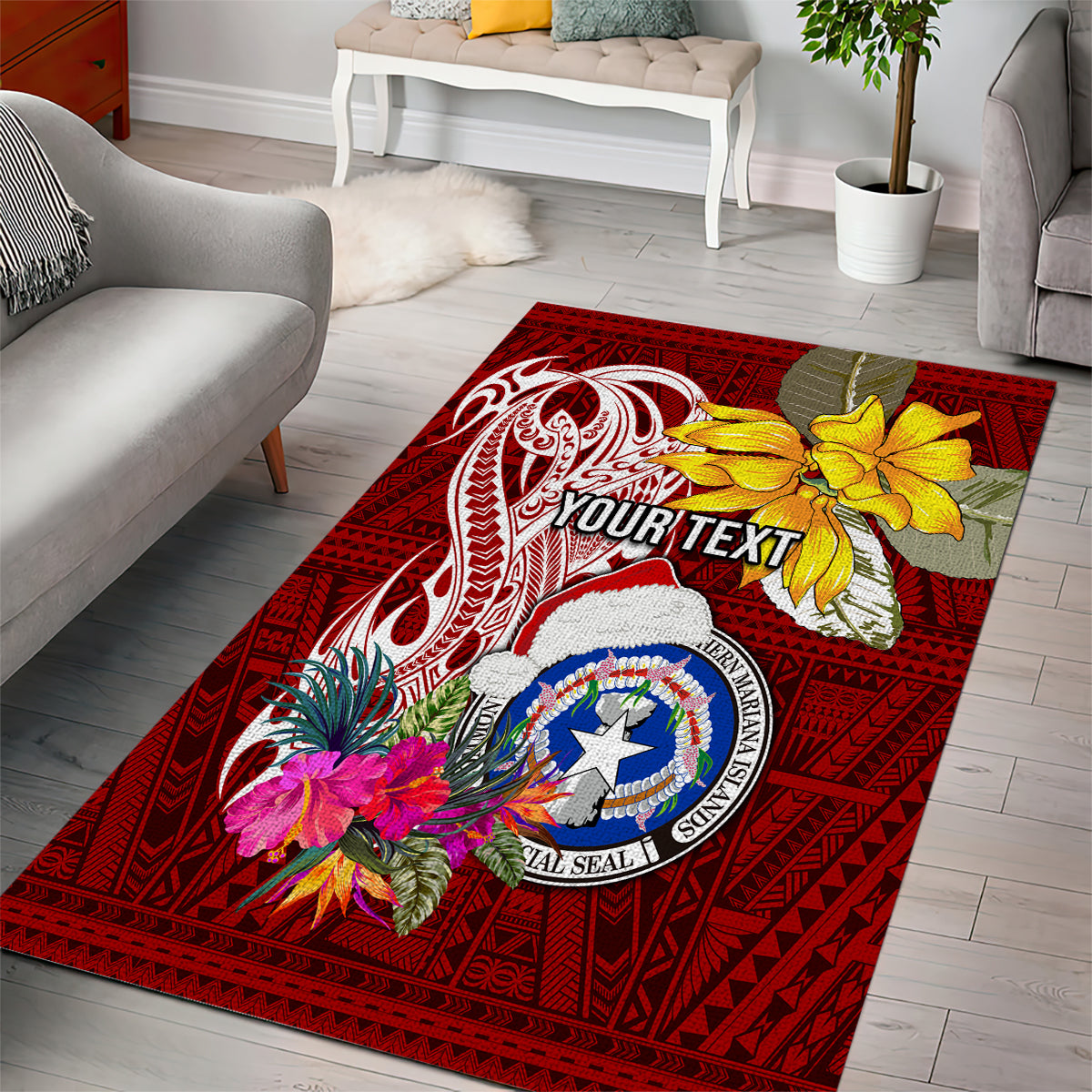 Custom Northern Mariana Islands Christmas Area Rug Funny Santa Hug Latte Stone Ylang-ylang and Polynesia Pattern Red LT03 - Polynesian Pride
