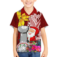 Custom Northern Mariana Islands Christmas Family Matching Off Shoulder Maxi Dress and Hawaiian Shirt Funny Santa Hug Latte Stone Ylang-ylang and Polynesia Pattern Red LT03 Son's Shirt Red - Polynesian Pride