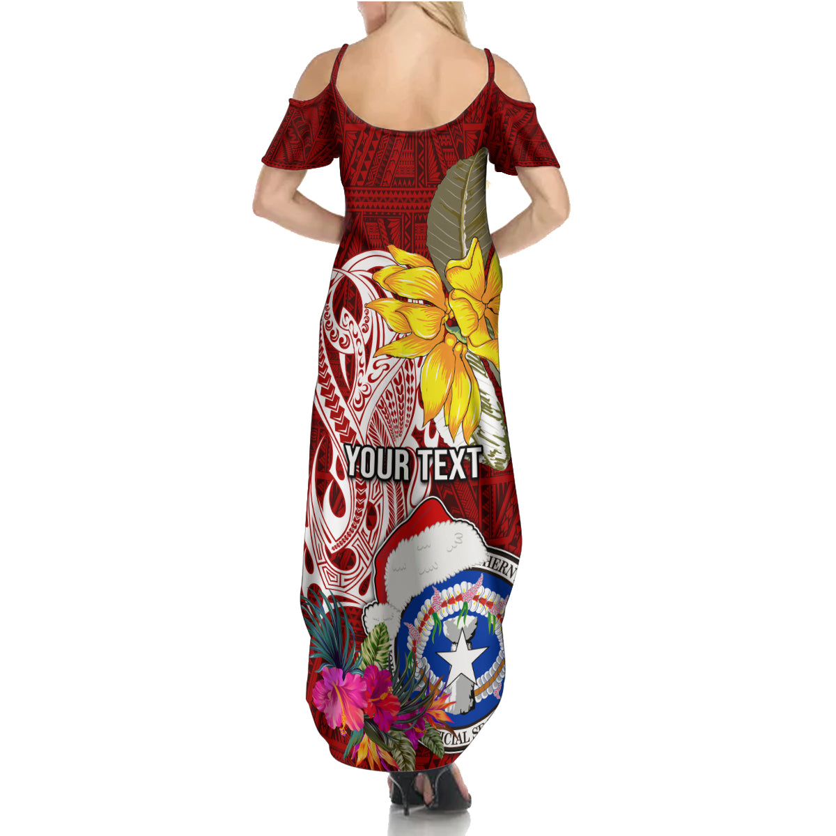 Custom Northern Mariana Islands Christmas Family Matching Summer Maxi Dress and Hawaiian Shirt Funny Santa Hug Latte Stone Ylang-ylang and Polynesia Pattern Red LT03 - Polynesian Pride