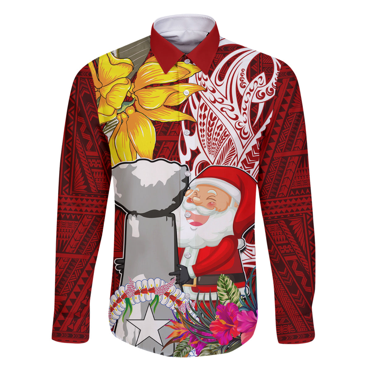 Custom Northern Mariana Islands Christmas Family Matching Tank Maxi Dress and Hawaiian Shirt Funny Santa Hug Latte Stone Ylang-ylang and Polynesia Pattern Red LT03 Dad's Shirt - Long Sleeve Red - Polynesian Pride