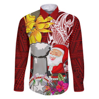Custom Northern Mariana Islands Christmas Family Matching Tank Maxi Dress and Hawaiian Shirt Funny Santa Hug Latte Stone Ylang-ylang and Polynesia Pattern Red LT03 Dad's Shirt - Long Sleeve Red - Polynesian Pride