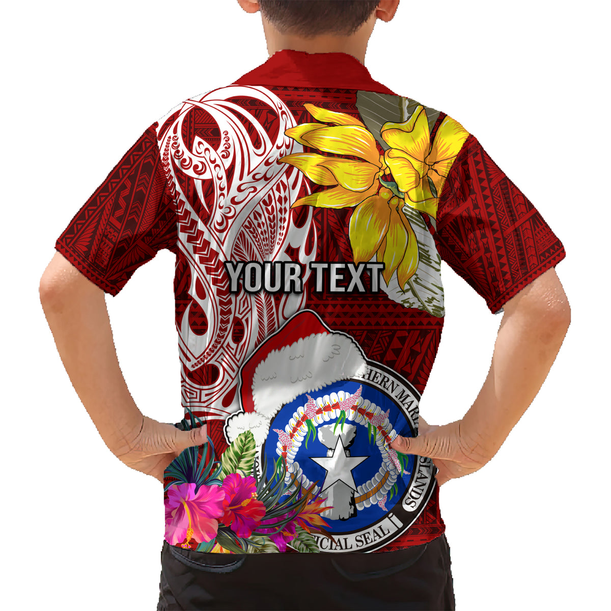 Custom Northern Mariana Islands Christmas Kid Hawaiian Shirt Funny Santa Hug Latte Stone Ylang-ylang and Polynesia Pattern Red LT03 - Polynesian Pride