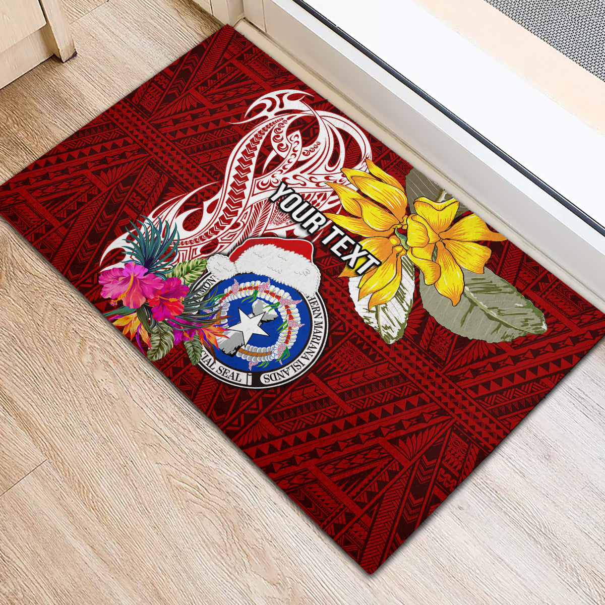 Custom Northern Mariana Islands Christmas Rubber Doormat Funny Santa Hug Latte Stone Ylang-ylang and Polynesia Pattern Red LT03 - Polynesian Pride