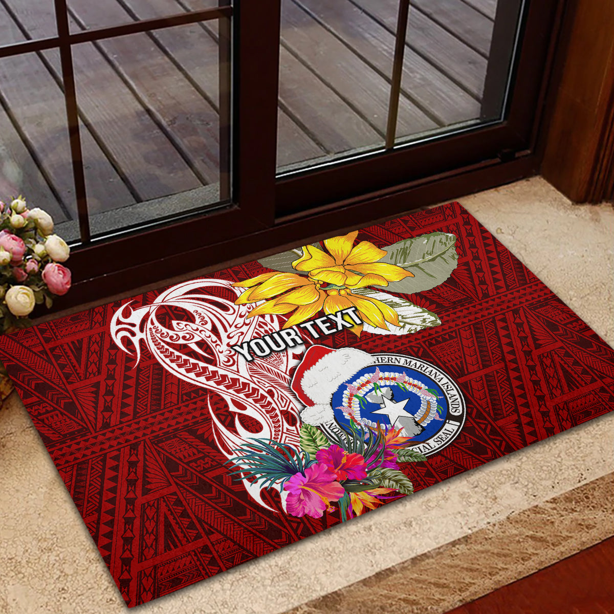 Custom Northern Mariana Islands Christmas Rubber Doormat Funny Santa Hug Latte Stone Ylang-ylang and Polynesia Pattern Red LT03 - Polynesian Pride