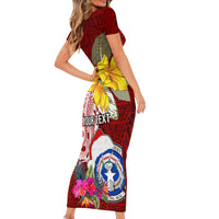 Custom Northern Mariana Islands Christmas Short Sleeve Bodycon Dress Funny Santa Hug Latte Stone Ylang-ylang and Polynesia Pattern Red LT03 - Polynesian Pride
