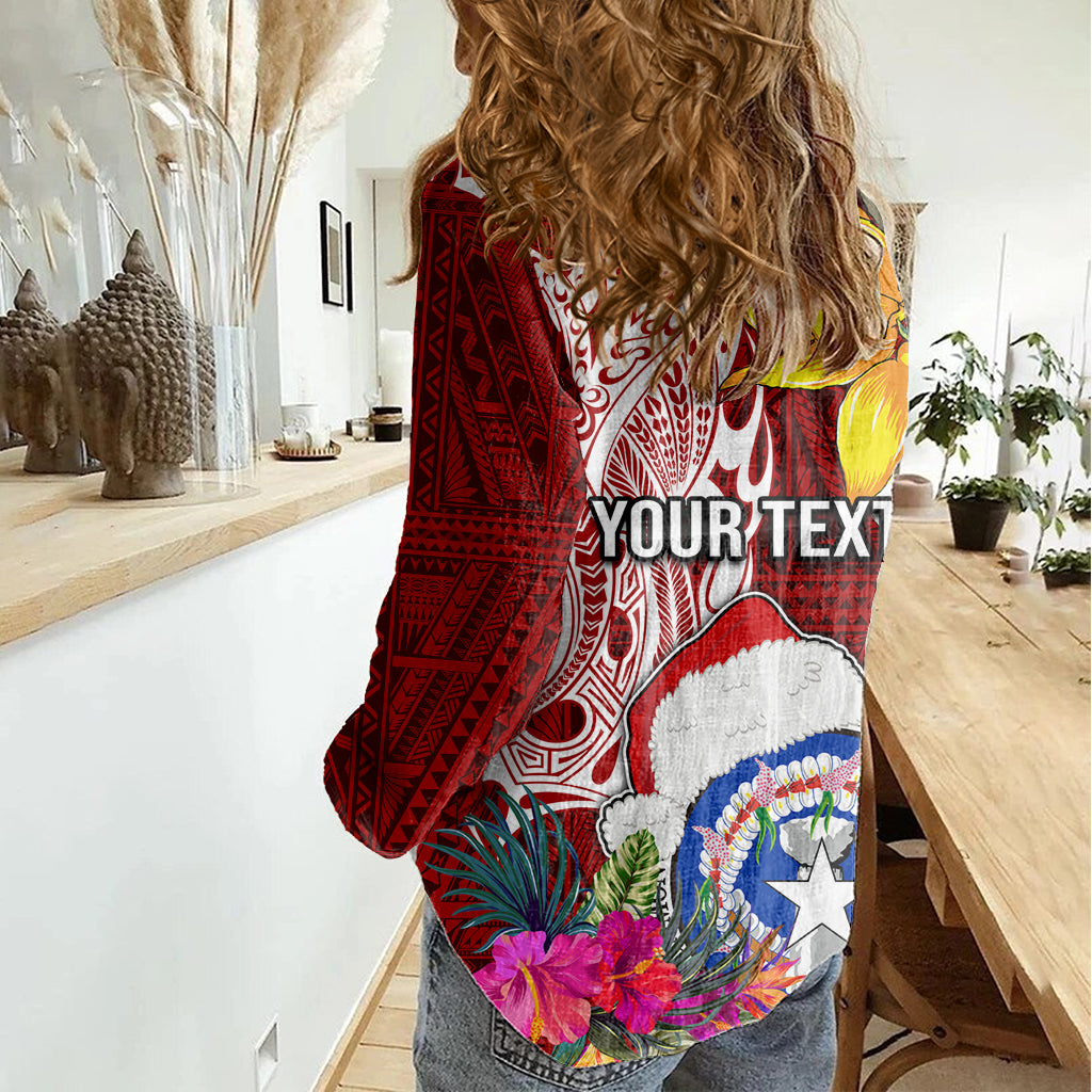 Custom Northern Mariana Islands Christmas Women Casual Shirt Funny Santa Hug Latte Stone Ylang-ylang and Polynesia Pattern Red LT03 - Polynesian Pride