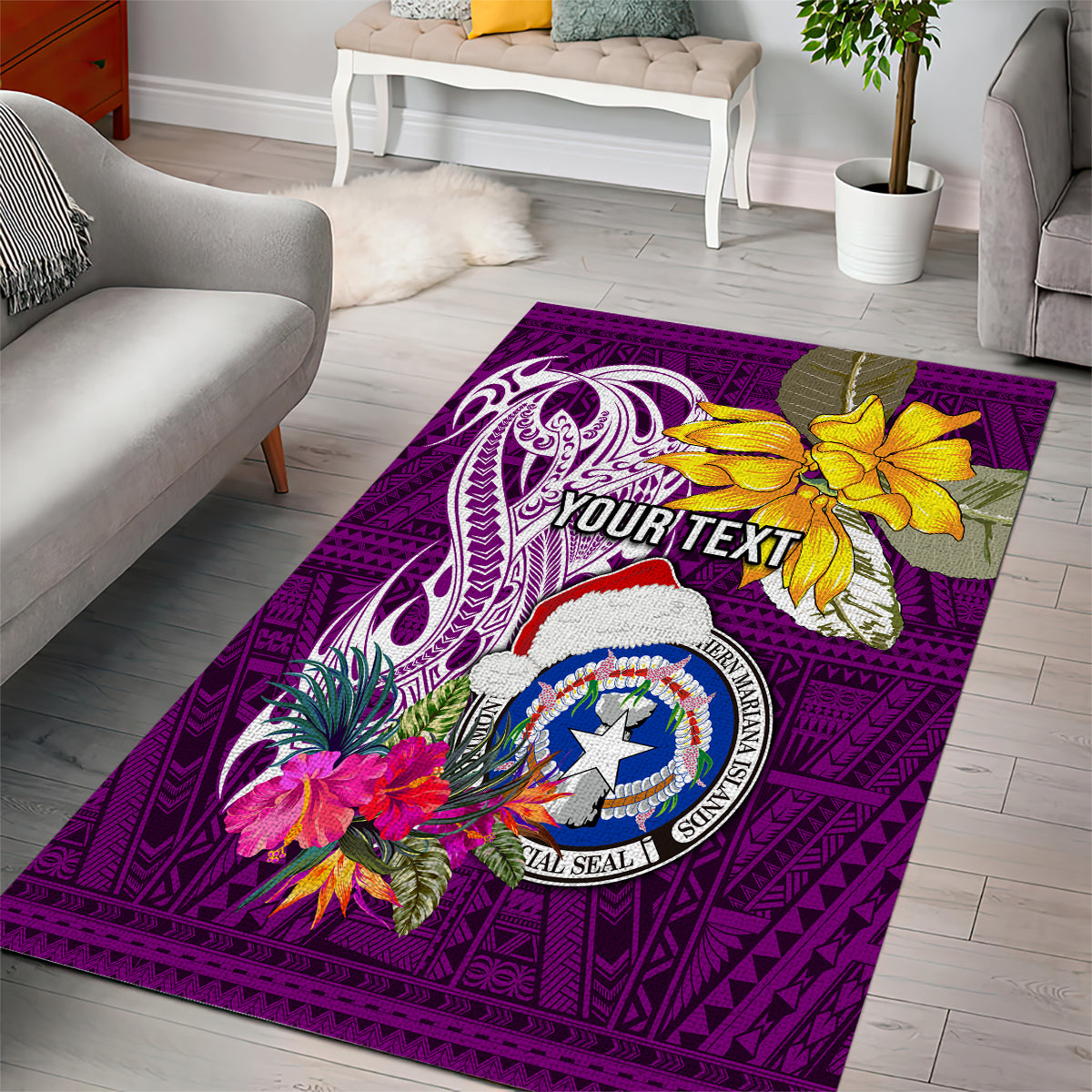 Custom Northern Mariana Islands Christmas Area Rug Funny Santa Hug Latte Stone Ylang-ylang and Polynesia Pattern Pink LT03 - Polynesian Pride