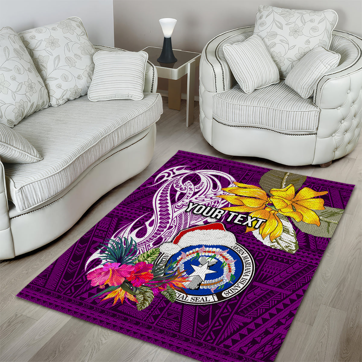 Custom Northern Mariana Islands Christmas Area Rug Funny Santa Hug Latte Stone Ylang-ylang and Polynesia Pattern Pink LT03 - Polynesian Pride