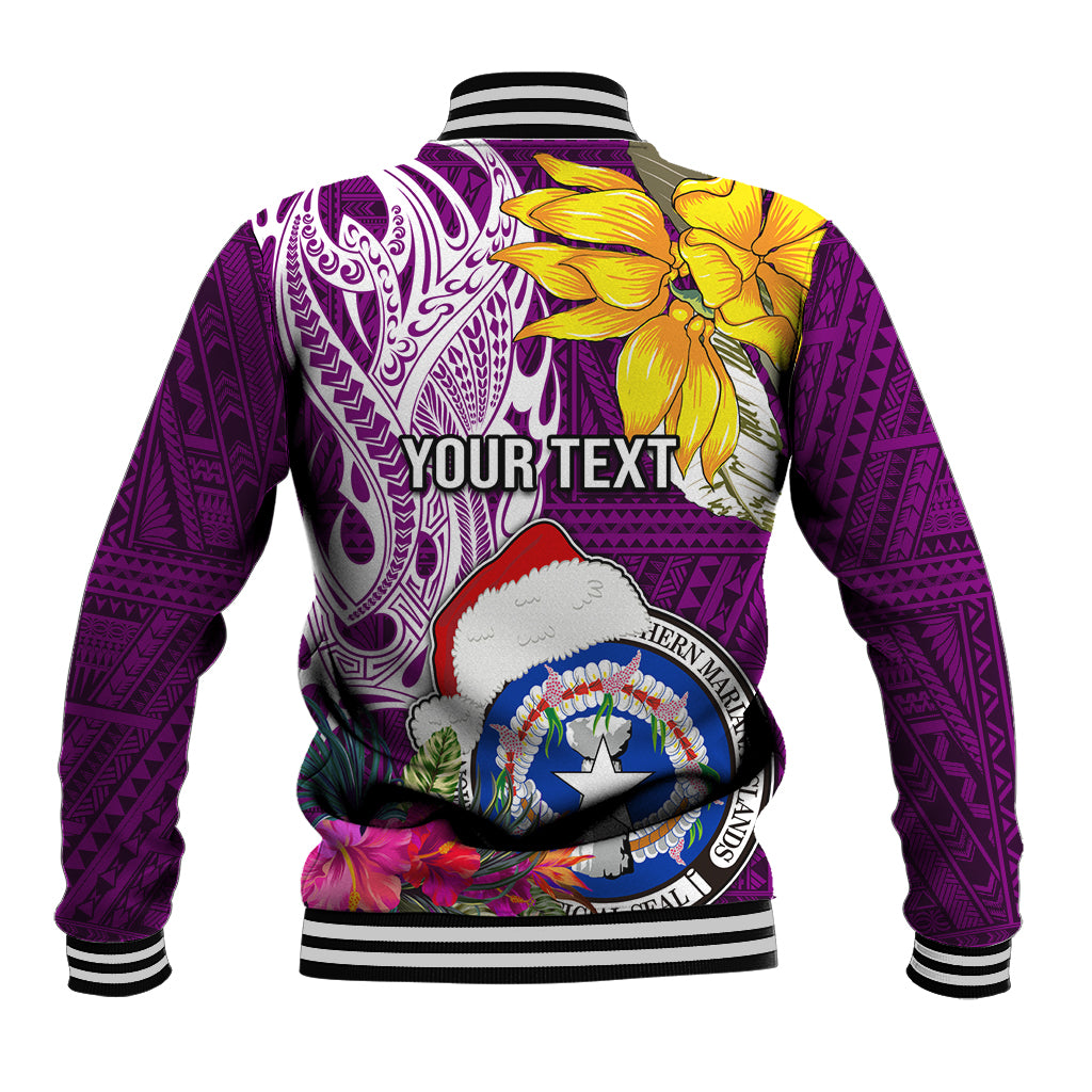 Custom Northern Mariana Islands Christmas Baseball Jacket Funny Santa Hug Latte Stone Ylang-ylang and Polynesia Pattern Pink LT03 - Polynesian Pride