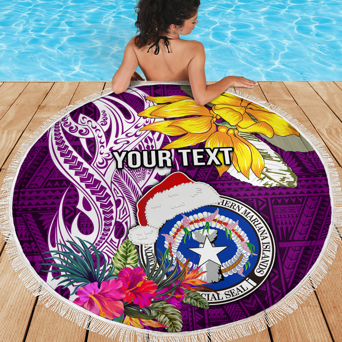 Custom Northern Mariana Islands Christmas Beach Blanket Funny Santa Hug Latte Stone Ylang-ylang and Polynesia Pattern Pink LT03 - Polynesian Pride