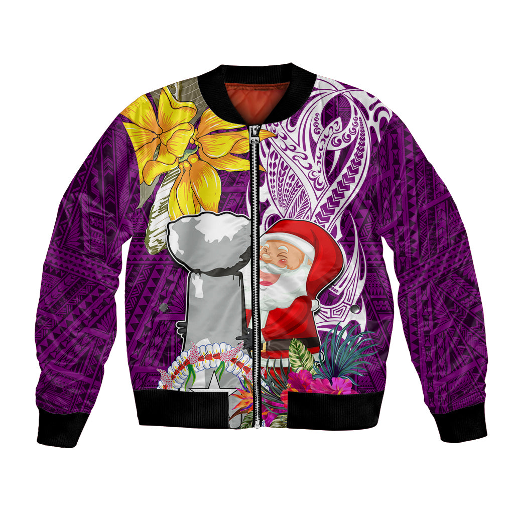 Custom Northern Mariana Islands Christmas Bomber Jacket Funny Santa Hug Latte Stone Ylang-ylang and Polynesia Pattern Pink LT03 Unisex Pink - Polynesian Pride
