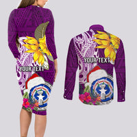 Custom Northern Mariana Islands Christmas Couples Matching Long Sleeve Bodycon Dress and Long Sleeve Button Shirt Funny Santa Hug Latte Stone Ylang-ylang and Polynesia Pattern Pink LT03 - Polynesian Pride
