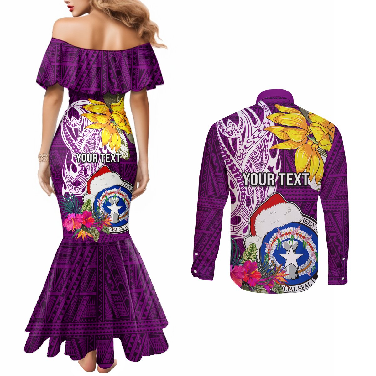 Custom Northern Mariana Islands Christmas Couples Matching Mermaid Dress and Long Sleeve Button Shirt Funny Santa Hug Latte Stone Ylang-ylang and Polynesia Pattern Pink LT03 - Polynesian Pride