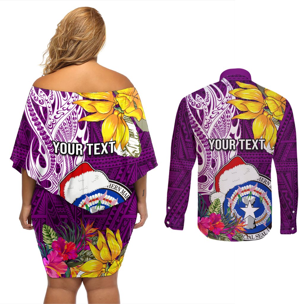 Custom Northern Mariana Islands Christmas Couples Matching Off Shoulder Short Dress and Long Sleeve Button Shirt Funny Santa Hug Latte Stone Ylang-ylang and Polynesia Pattern Pink LT03 - Polynesian Pride