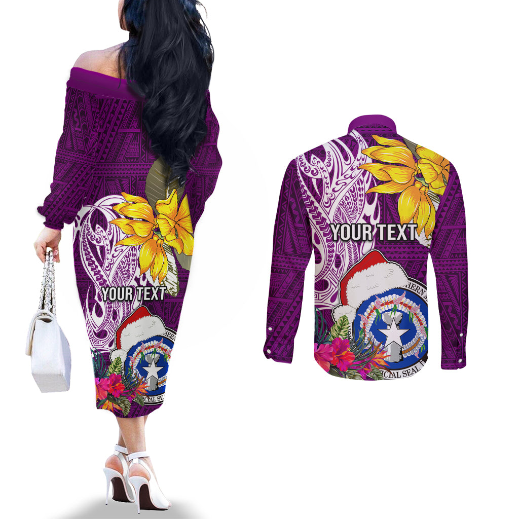 Custom Northern Mariana Islands Christmas Couples Matching Off The Shoulder Long Sleeve Dress and Long Sleeve Button Shirt Funny Santa Hug Latte Stone Ylang-ylang and Polynesia Pattern Pink LT03 - Polynesian Pride
