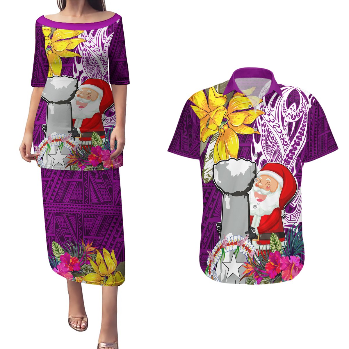 Custom Northern Mariana Islands Christmas Couples Matching Puletasi Dress and Hawaiian Shirt Funny Santa Hug Latte Stone Ylang-ylang and Polynesia Pattern Pink LT03 Pink - Polynesian Pride